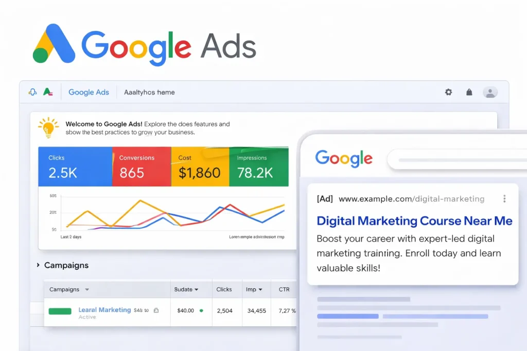 Google Ads dashboard showing campaign metrics, clicks, conversions and search advertising example