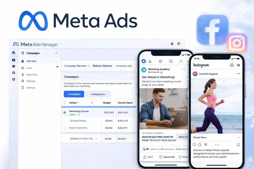 Meta Ads Manager dashboard with Facebook and Instagram advertisement examples