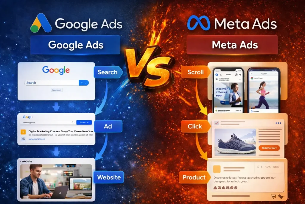 Google Ads vs Meta Ads advertising flow showing search intent marketing and social media discovery ads