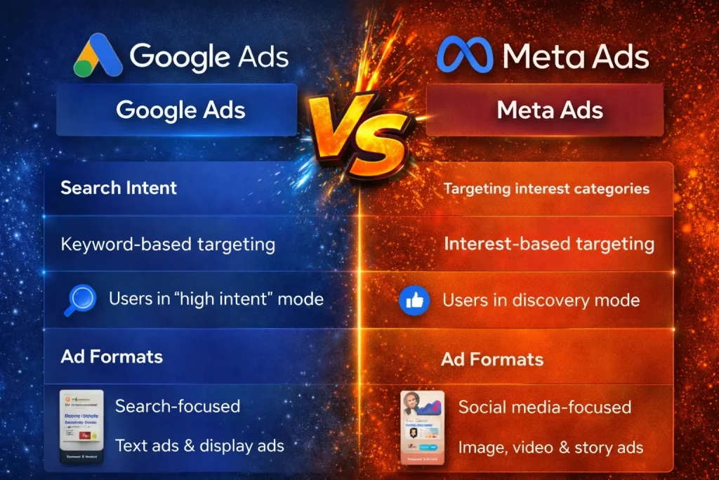 Google Ads vs Meta Ads infographic comparing keyword targeting and interest based advertising
