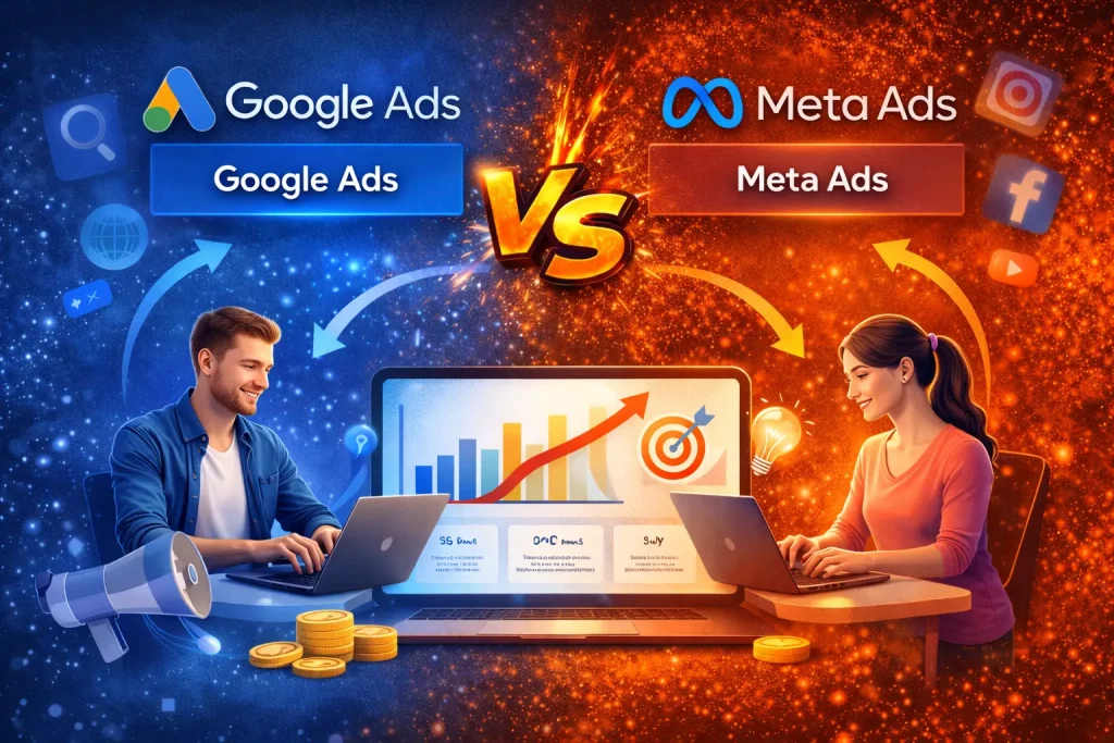 Digital marketing strategy illustration explaining Google Ads vs Meta Ads advertising platforms