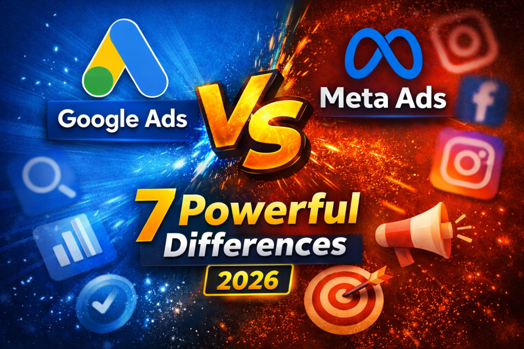 Google Ads vs Meta Ads comparison showing 7 powerful differences in digital advertising platforms for businesses in 2026